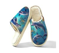 Under The Sea Dolphin Slippers for Women Men, Memory Foam House Shoes L