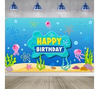 Under The Sea Happy Birthday Banner Backdrop Decoration, Cartoon Ocean Photo Banner Background Ocean Jellyfish Seaweed Wall Décor for Birthday Baby Shower Party Photography Decorations, 73 x 43 Inch