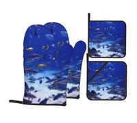 Under The Sea Light Heat Resistant Oven Mitts and Pot Holders Set of 4-500°f Protection Utensil Pocket for Grilling, Baking, Cooking