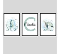 Under The Sea Nautical Unframed Baby Boy Girl Nursery Bedroom Set of 3 Poster Prints, Personalised Name, Turtle Seahorse Wall Art Decor, New Baby Gift (A3)
