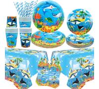 Under The Sea Party Decorations - Under the Sea Party Tableware - Dinner Plates Desserts Plates Cups Napkins 2PCS Tablecover Straws for Ocean Beach Underwater World party Supplies, Serves 20