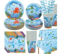 Under The Sea Party Supplies - Ocean Sea Party Tableware - Dinner Plates Desserts Plates Cups Napkins Tablecover Straws for Underwater World Birthday Party Decorations, Serves 40 (Serves 40)