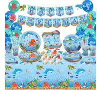 Under the Sea Party Supplies - Ocean Sea Party Tableware - Plates Cups Napkins Tablecloth Banner Balloons Cake Toppers for Underwater World Birthday Party Decorations, Serves 20