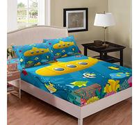 Under The Sea Underwater Bedding Bed Sheet Set for Boys Child Kids Bedroom Ocean Submarine Fitted Sheet Marine Life Fish Coral Bedspread Bed Cover Colorful Print Decor 2 Pcs Single Size Soft