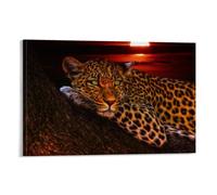 Under The Setting Sun, A Leopard Is Lying on A Tree Bored. Animal Fun Poster Poster Vintage Art, Wall Canvas, Decoration Aesthetic, Living Room, Kids Room Dormitory, Cafe, Bathroom, Suitable for Bedro