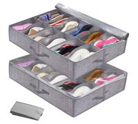 Underbed shoe storage 2 foldable under bed shoe cabinet storage boxes with a total of 24 compartments, under bed shoe box/container with reinforced handle, transparent cover, foldable shoe box(grey)