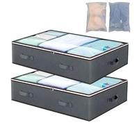 Underbed Storage Bags with Zip, 2 Pack Foldable Large Underbed Storage Organiser Containers, 90 L Window Fabric Under Bed Clothes Storage Boxs & Reinforced Handle for Blanket, Comforter, Bedding