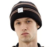 UNDERCONTROL Stripe Pattern Roll up Skullcap Warm Winter Skull Hats Thick Knit Cuff Square Logo Patch Unisex Fisherman Beanie (Charcoal)