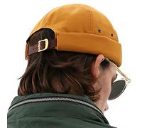UNDERCONTROL Vintage Brimless Sailor Fisherman Leon Hat Rolled Cuff Harbour No Visor Miki Skull Docker Leather Strap Beanie Cap for Men & Women - Made in Korea - (Mustard)