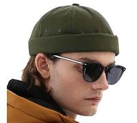 UNDERCONTROL Vintage Brimless Sailor Fisherman Leon Hat Rolled Cuff Harbour No Visor Miki Skull Docker Leather Strap Beanie Cap for Men & Women - Made in Korea - (Olive)