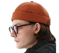 UNDERCONTROL Vintage Brimless Sailor Fisherman Leon Hat Rolled Cuff Harbour No Visor Miki Skull Docker Leather Strap Beanie Cap for Men & Women - Made in Korea - (Brick)