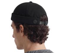 UNDERCONTROL Vintage Brimless Sailor Fisherman Leon Hat Rolled Cuff Harbour No Visor Miki Skull Docker Leather Strap Beanie Cap for Men & Women - Made in Korea - (Black)