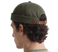 UNDERCONTROL Vintage Brimless Sailor Fisherman Leon Hat Rolled Cuff Harbour No Visor Miki Skull Docker Leather Strap Beanie Cap for Men & Women - Made in Korea - (Olive)