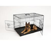BUNNY BUSINESS UNDERDOG Metal Dog Crate/Cage - Pet Black Metal Folding Cage with 2 Doors Sliding Chew Resistant Plastic Base Tray Heavy Duty Puppy Training Solution (48" XX-Large, Dog Crate)