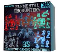 Underdusk Elemental Encounters: 35 DND Miniatures for D&D Campaign - Fire, Ice, Water, Air & Earth Figures with 5 Treasure Chests, 28mm Unpainted Tabletop Minis, 5e Stat Blocks Included