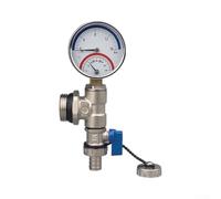 Underfloor Heating Manifold Drain Valve, End Fitting | 63 mm Temperature & Pressure Gauge 0-16 bar 0-120°C High Flow Pipe Cleaning for Underfloor Heating Systems, 1 in, 1.2 in
