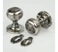 UNDERGROUND PARTS Regency Bloxwich Solid Brass Antique Nickel Door Knobs on a Rose with Lock Escutcheons