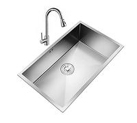 Undermount Kitchen Sink Brushed Silver Square Shape, Single Bowl Bar Prep, With Rotating Pull-out Faucet, 304 Stainless Steel, Drop-In Or Undermount Installa