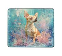 Undersea Coral Chihuahua Mouse Pad, Aqua Orange Floral Stitched Edge Mousepad, Rubber Non-Slip Washable Gaming Mouse Pad for Home and Office Computer, Laptop Square 8x10 Inch