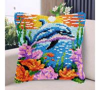 Undersea Dolphin and Colorful Corals Latch Hook Kits Pillow with Printed Canvas DIY Handmade Cushion Crochet Yarn Embroidery Hook and Latch Kit Pillowcase Christmas Decoration 43x43cm