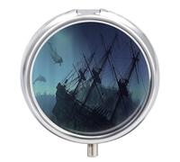Undersea Shipwreck Round Pill Box Organiser 3 Compartment Portable Medicine Case