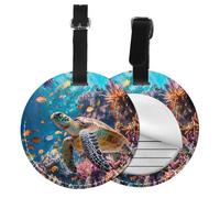 Undersea Turtle Round Luggage Tag Ocean Animal PU Leather Travel Bag Tag ID Labels Name Card Holder wtih Buckle for Luggage Suitcase Backpacks