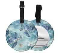 Undersea Turtle Seashell Round Luggage Tag 4PCS Ocean Animal PU Leather Travel Bag Tag ID Labels Name Card Holder wtih Buckle for Luggage Suitcase Backpacks