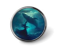 Undersea Violin Blue Whale Round Brooch Pin Badge Lapel Tie Pin for Women Men Office Worker Teacher Decor
