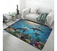Undersea World Area Rugs Blue Shark Dolphin Modern Children's Bedroom Decorative Rug Non-slip and Washable Carpet for Living Room and Kids' Rooms, Boys and Girls Play Mat, 120x160 cm, Color 3