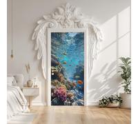 Undersea World Coral Fish Seaweed Door Stickers, Tropical Ocean Animals Sunlight Door Mural Decals Waterproof PVC Self-Adhesive Sticker Peel and Stick for Bedroom Living Room 77x200 cm