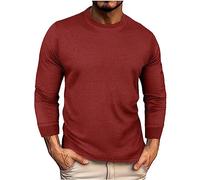 Undershirt Men Solid Color Waffle Tee Shirts Top Round Neck Blouse Long Sleeves Loose Fit Pullovers Underwear Casual Bottoming Shirt T-Shirt Top Home Indoor Wine