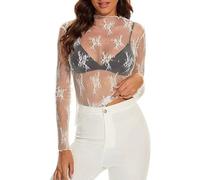 Undershirts Women Mesh Long Sleeve Layered Top Womens Ladies Floral Embroidery Transparent Sexy Tight See Through T Shirt Inside Outside Hundred Deals of The Day Sale White