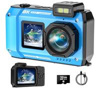 Underwater Camera, 8K UHD Robust Waterproof Dustproof Shockproof Digital Camera with 32GB Card 70MP Autofocus Selfie with Two Screens 33ft Underwater Camera for Snorkelling Blue