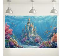 Underwater Castle Backdrop, Colorful Coral Reef Ocean Theme Decorations, Perfect for Photography Parties and Events, Summer Birthday and Ocean-Themed Celebrations 71x43 Inch