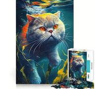 Underwater Cat Jigsaw Puzzles 1000 Mental Focus Game Precision Cut Smooth Edges Meaningful Connection Building Game (38x52cm)