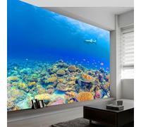 Underwater Coral Reef Animals Panoramic Wall Mural, Custom Photo Wallpaper, Non-Woven Premium Fleece Large Wall Mural W250 x H175 cm for Living Room Bedroom Home Decoration TV Backdrop, Blue