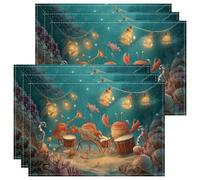 Underwater Crab Band Placemats, Blue Ocean Ocean Creatures Place Mats for Dining Table, Non-Slip Washable Indoor Outdoor Party Decorative Placemat Set of 6