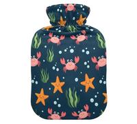 Underwater Crab Starfish Blue Print Hot Water Bottle with Cover for Pain Relief Warm Water Bag for Sports Injuries, 2L