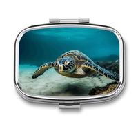 Underwater Diving Sea Turtle Pill Box Elegant Metal Pill Case with 2 Compartments, Slim Portable Medicine Organizer for Purse, Pocket, Travel