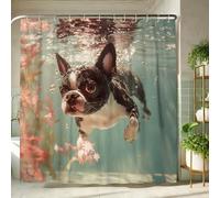 Underwater Dog Shower Curtain, Cute Black White Boston Terrier Bath Curtain for Bathroom Decor, Summer Fun Modern Chic Waterproof Fabric Shower Curtain Set with Hooks 72x78 Inch