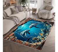Underwater Dolphin Large Area Rug Washable Non Slip 200x300 Flannel | Extra Soft Fluffy Rug Short Pile Printed Carpet Coral Reef Brick Wall Room Decor for Bedroom Living Room Kitchen M11