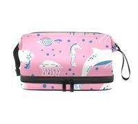Underwater Dolphin Whale Tortoise Crab Starfish Jellyfish Double Layer Cosmetic Bag for Women and Girls, Travel Toiletry Bag Makeup Handy Pouch Organiser Bag with Brush Compartment