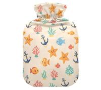 Underwater Fish Beige Starfish Pattern Hot Water Bottle with Cover for Pain Relief Water Heating Pad for Sore Muscles Injuries, 2L