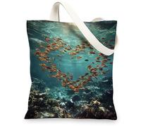 Underwater Fish Canvas Tote Bag, Ocean Life Reusable Beach Bags, Eco-Friendly Lightweight Shoulder Strap Pouch 13x15 Inch