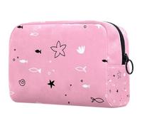 Underwater Fish Crab Shell Hand Draw on Pink Cosmetic Bag for Women, Travel Toiletries Bags Large Makeup Handy Pouch Organiser Bag with Zipper