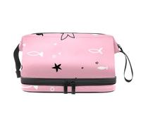 Underwater Fish Crab Shell Hand Draw on Pink Double Layer Cosmetic Bag for Women and Girls, Travel Toiletry Bag Makeup Handy Pouch Organiser Bag with Brush Compartment