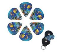 Underwater Fish Guitar Picks 6 Pack, 0.71mm Thickness Celluloid Bass Pick with Leather Guitar Pick Holder Keychain Abstract Art Pics Plectrum for Acoustic Electric Guitar, Ukulele, Bass