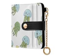 Underwater Green Jellyfish Pattern Small Women Wallet Leather RFID Blocking Bifold Compact Card Holder with Coin Pocket Zipper Purse for Girls Women Ladies