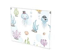Underwater Jellyfish White Seaweed Print Acrylic Cutting Board with Counter Lip Non Slip Clear Fruits Cutting Board for Countertops Protector Large Size 16”×13”