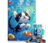 Underwater Kitten Jigsaw Puzzles 1000 Mental Focus Game No Gap Tight Fitting Design Interactive Brain Challenge for Home (38x52cm)